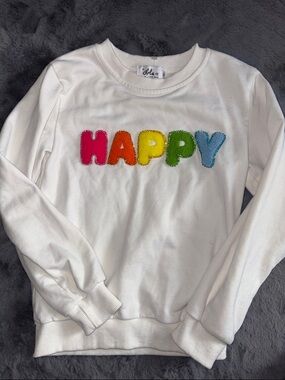 lola White Crewneck Sweatshirt with Embroidered “Happy” text with gems